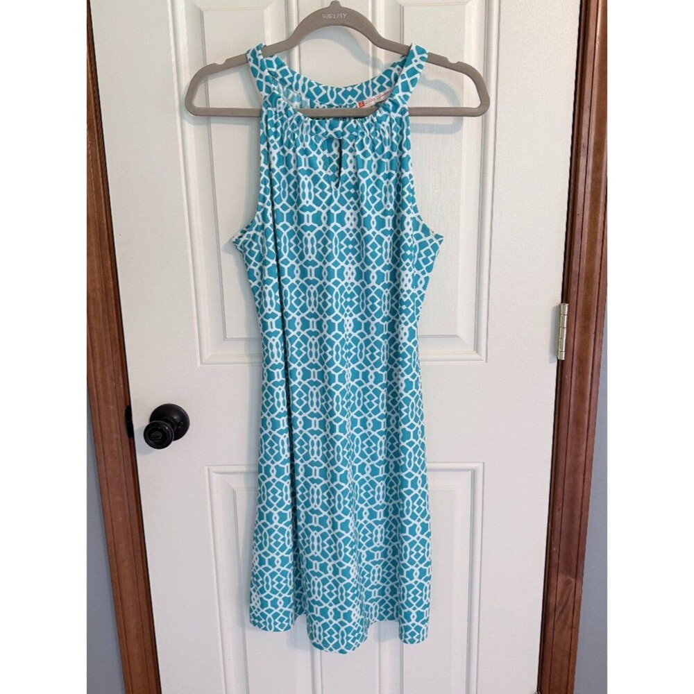 Jude Connally "Lisa" Dress Turquoise White Geometric Halter Keyhole Dress M